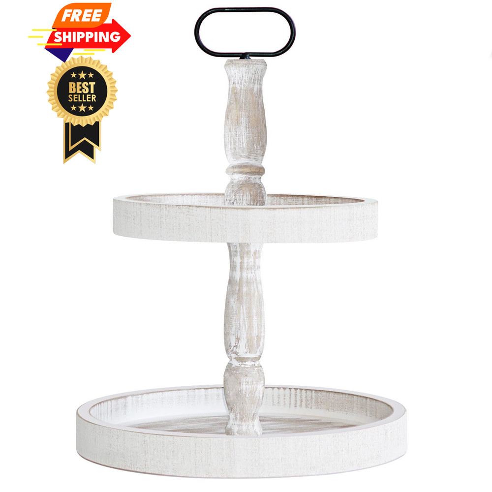 Decorative Tray - Two Tiered Cupcake Stand Farmhouse Rustic 15.7", White