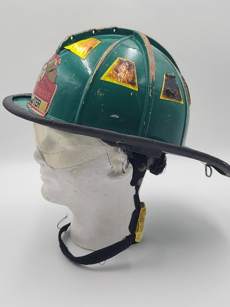 MSA Cairns 1010 2020 Green Firefighter Helmet Front Visor. Seen Fire Action.