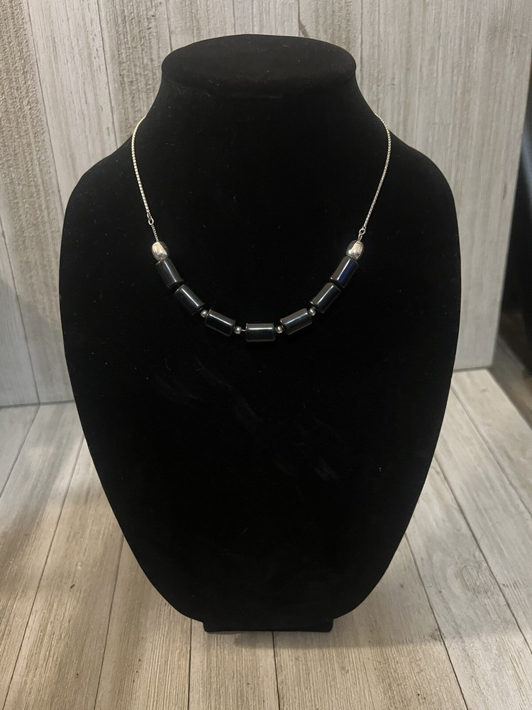 Vintage Black Beads & Silver Tone Necklace