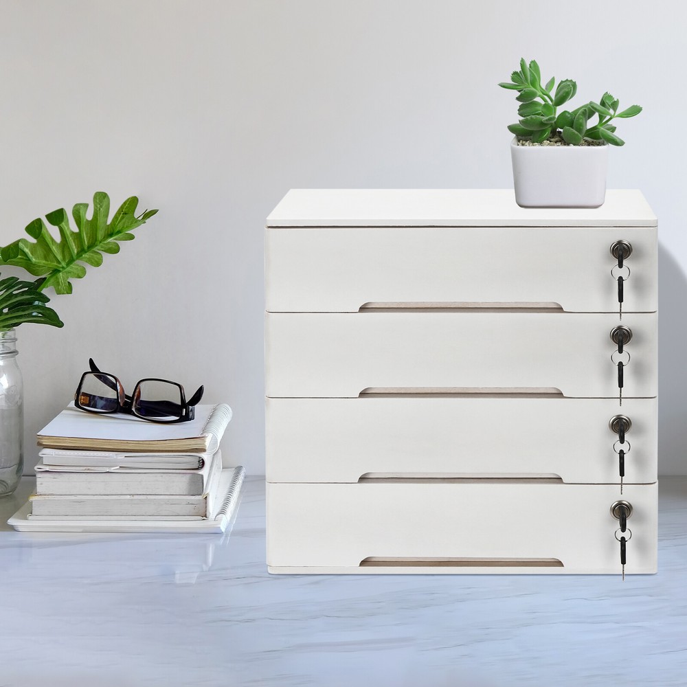 4-layer white wooden desktop storage box file cabinet with lockable drawers
