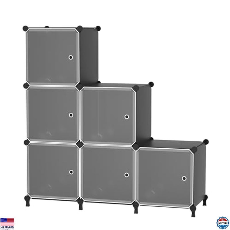 ATTSL6001 Black 6-Cube Storage Organizer - Stackable Plastic Shelves with Doors