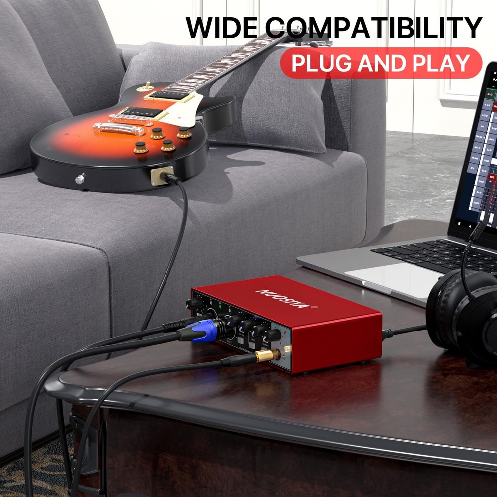 2i2 USB Audio Interface for PC Computer Recording Music, Red Guitar Audio Int...