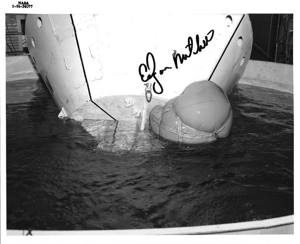 APOLLO 14 MOONWALKER EDGAR MITCHELL SIGNED BW PHOTO OF COMMAND MODULE TEST