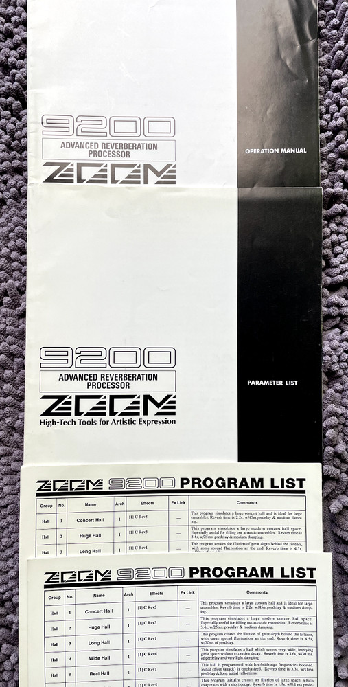 Zoom 9200 Advanced Reverberation Processor - ORGINAL MANUALS & PROGRAM LIST