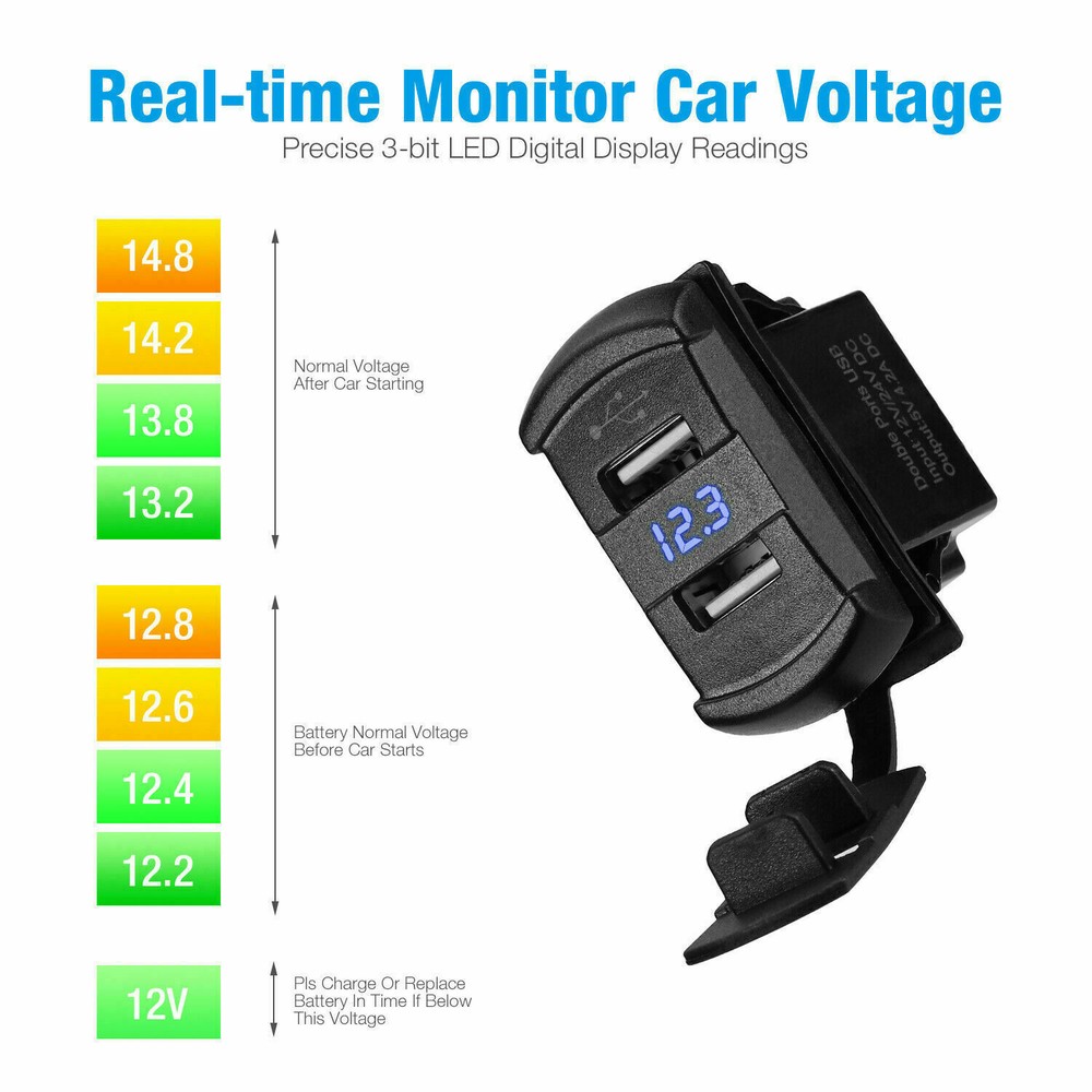 12V Dual USB Charger Socket LED Voltage Voltmeter Rocker Switch Panel Car Boat
