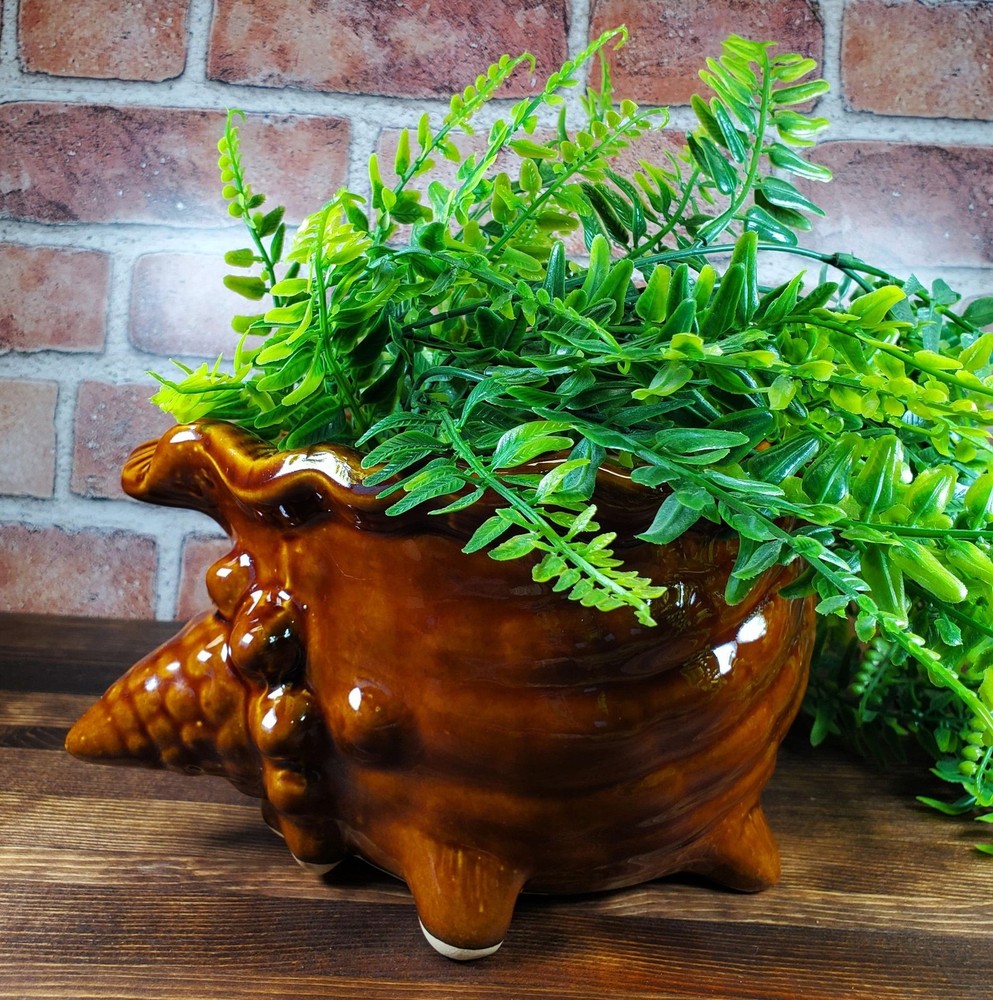 Vintage Brown Glazed Ceramic Conch Shell Planter, Seashell Nautical Decor