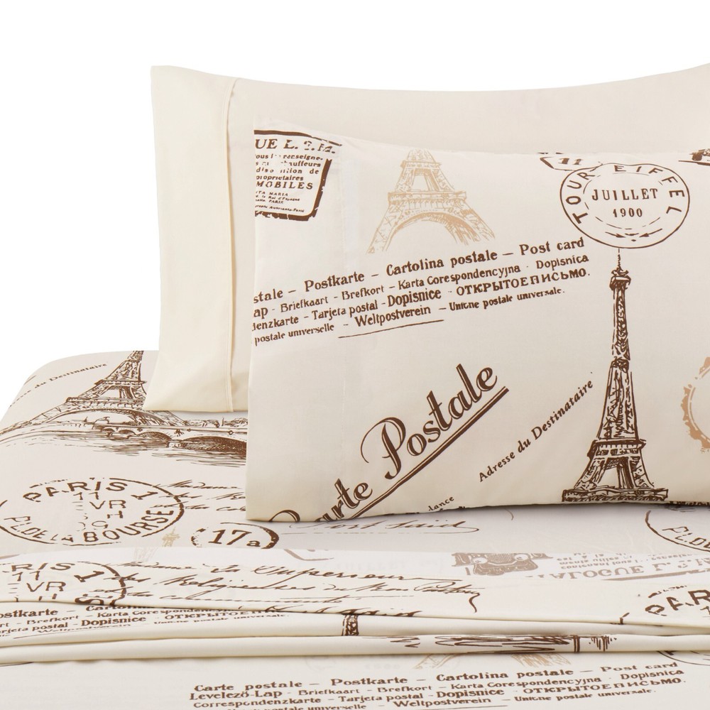 Rayon from Bamboo Deep Pocket 6 Piece Printed Sheet Set, Eiffel Tower Ivory Twin
