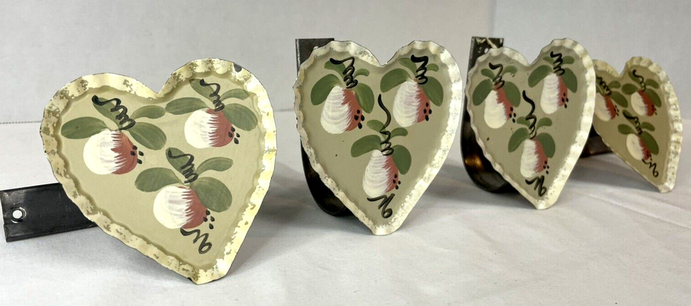 Hand Painted Artist Crafted Tin Heart Curtain Pull Backs Two Sets Cottage Core