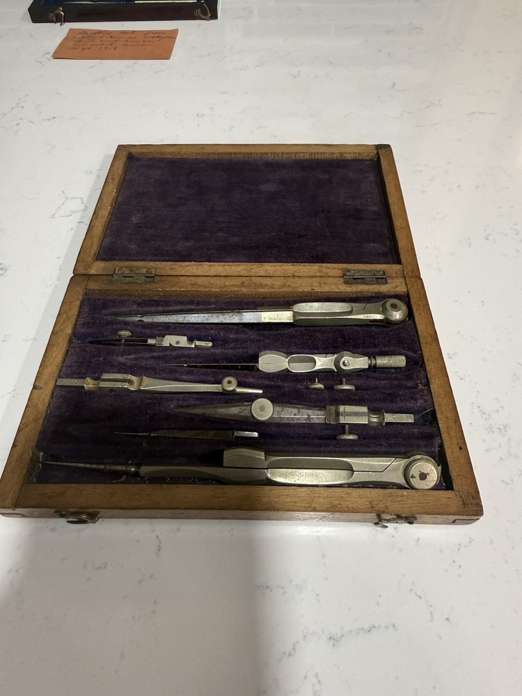 Antique Drafting Compass Set w/ Wood Case Velvet Lined Vintage Engineering Tools