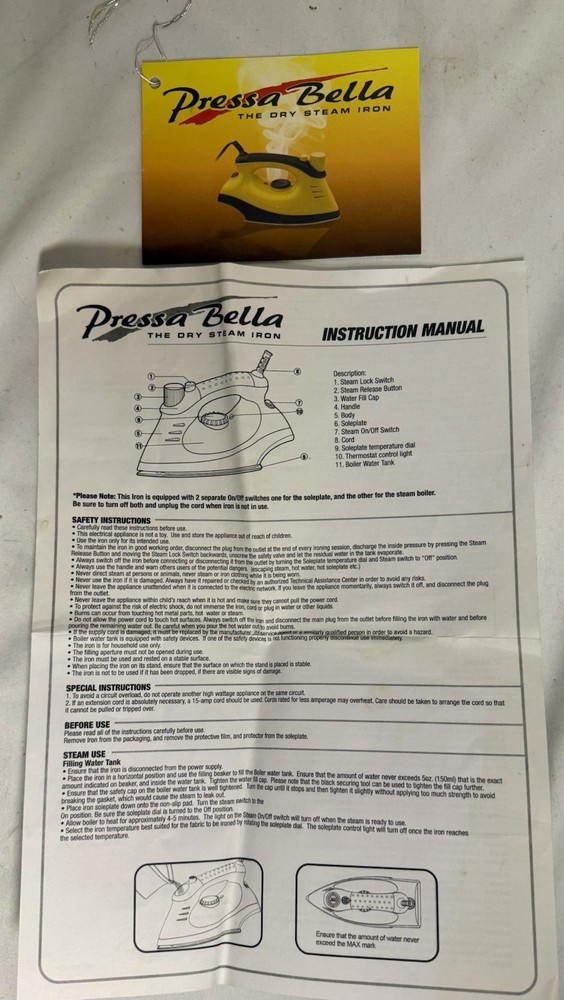 NEW / OPEN BOX- Pressa Bella Dry Steam Iron
