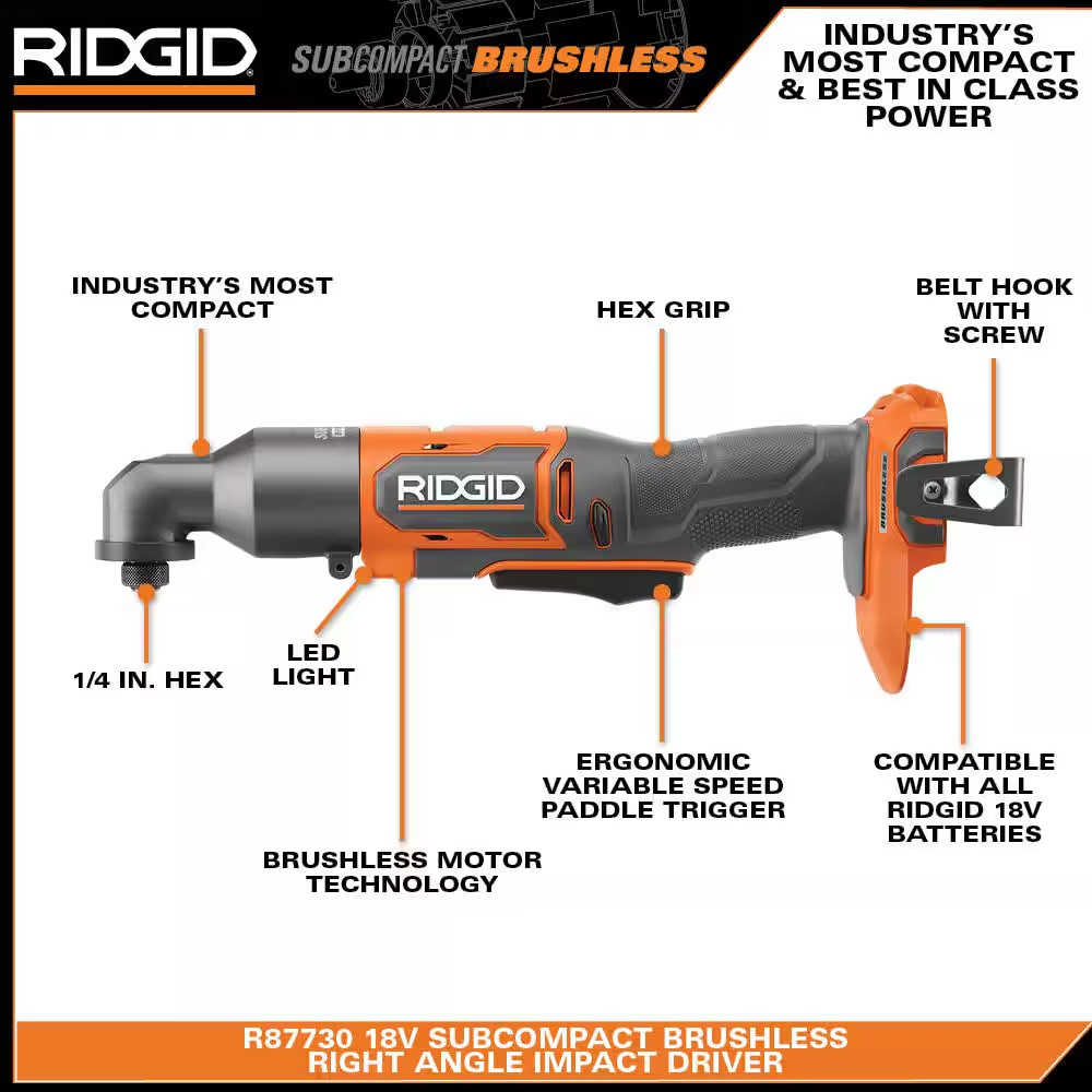 Ridgid 18V Subcompact Brushless Cordless Right Angle Impact Driver Tool Only
