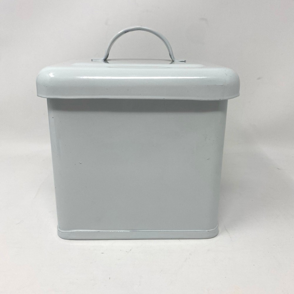 White vintage square enamel tin box with lid