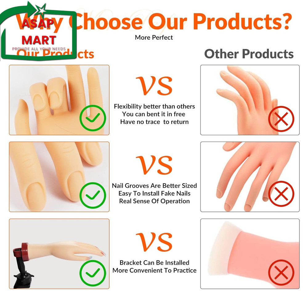 Nail Practice Hand for Acrylic Nails, Mannequin Hands for Nails Practice, Flexib