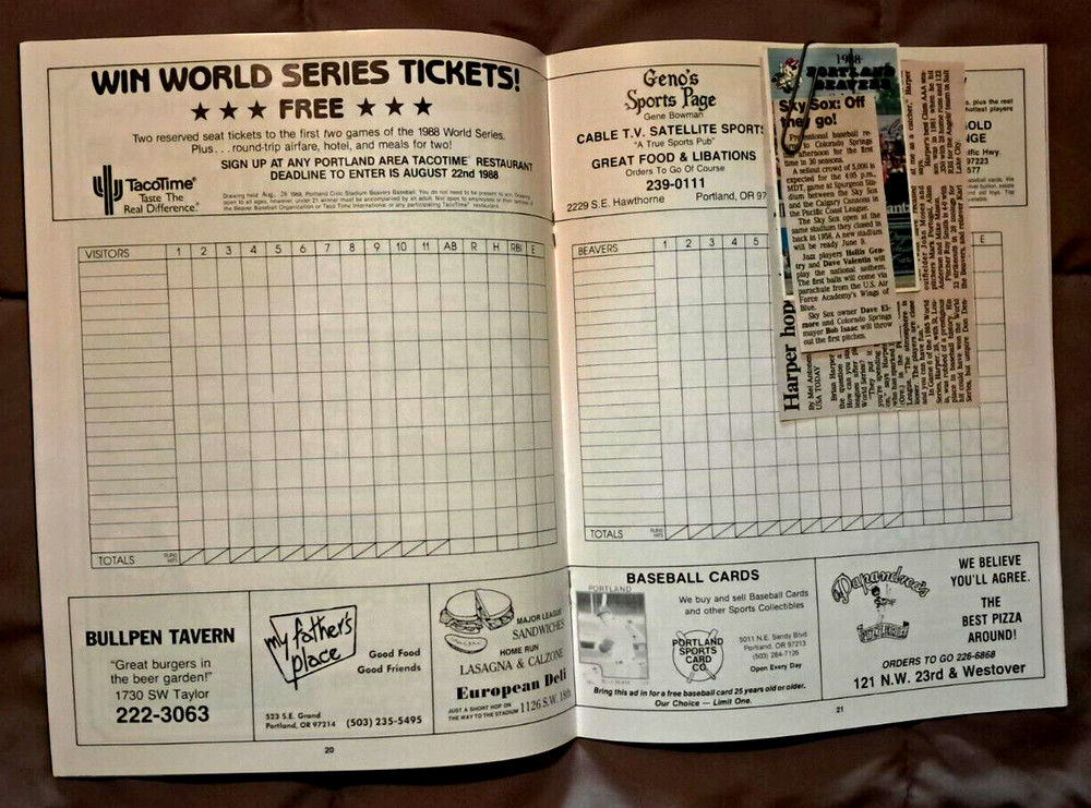 PORTLAND BEAVERS , 1988 SOUVENIR PROGRAM - Baseball, VG