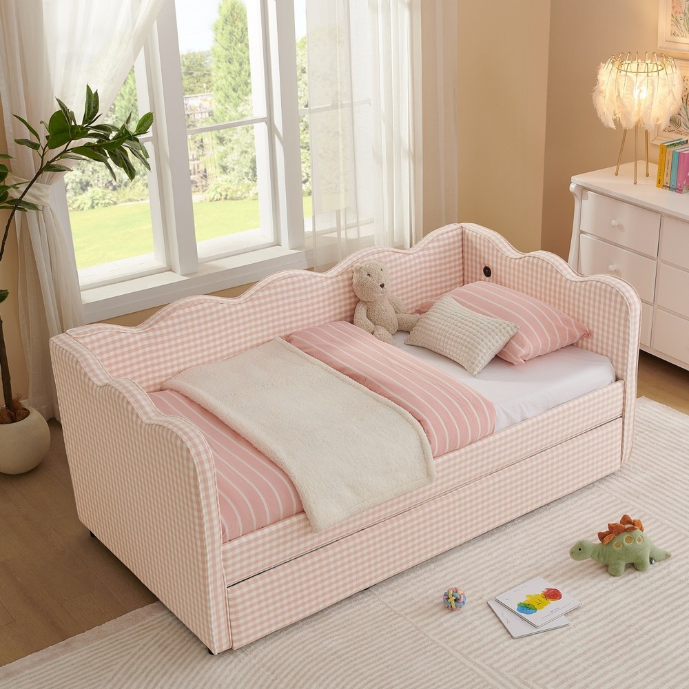 Twin Size Daybed Linen Upholstered Bed Frame Sofa Bed with Pull-Out Trundle Bed