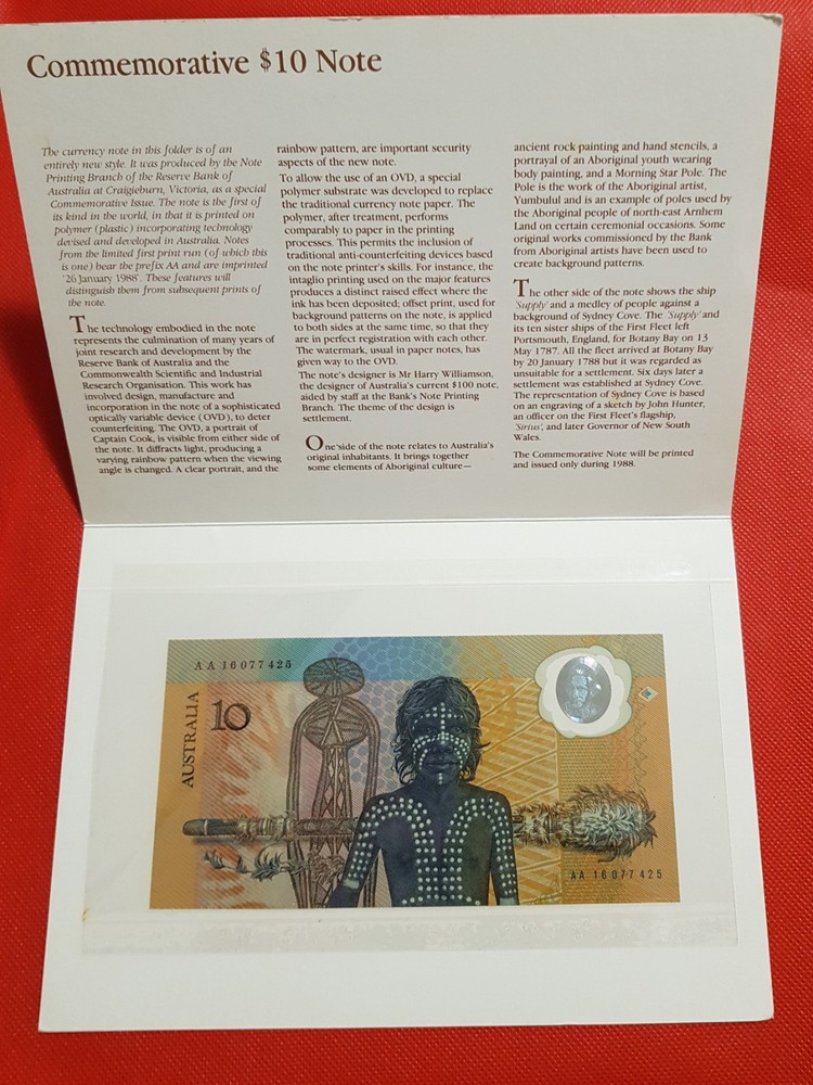 1988 AUSTRALIAN  $10 FRASER/JOHNSTON FIRST POLYMER NOTE  FOLDER AA 16 077425