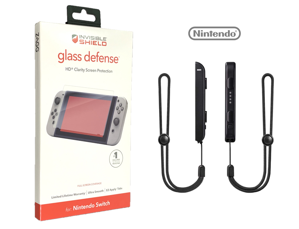 ZAGG Glass Screen Protector + 2 Joy Con Straps for Nintendo Switch Bundle