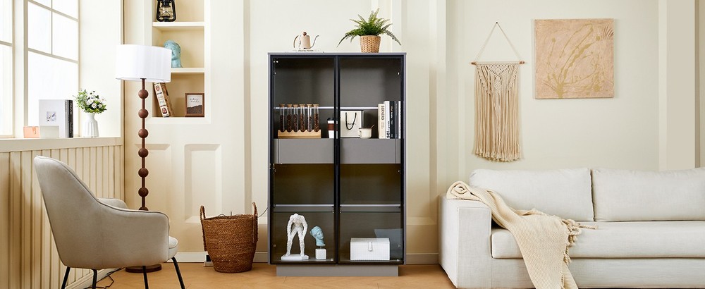 60.6'' Freestanding Display Cabinet with 2 Storage Drawers