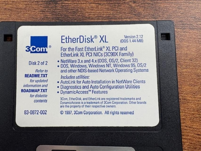 Vintage 3Com EtherDisk Version 2.12 PC Computer Software 3.5" Floppy Disk