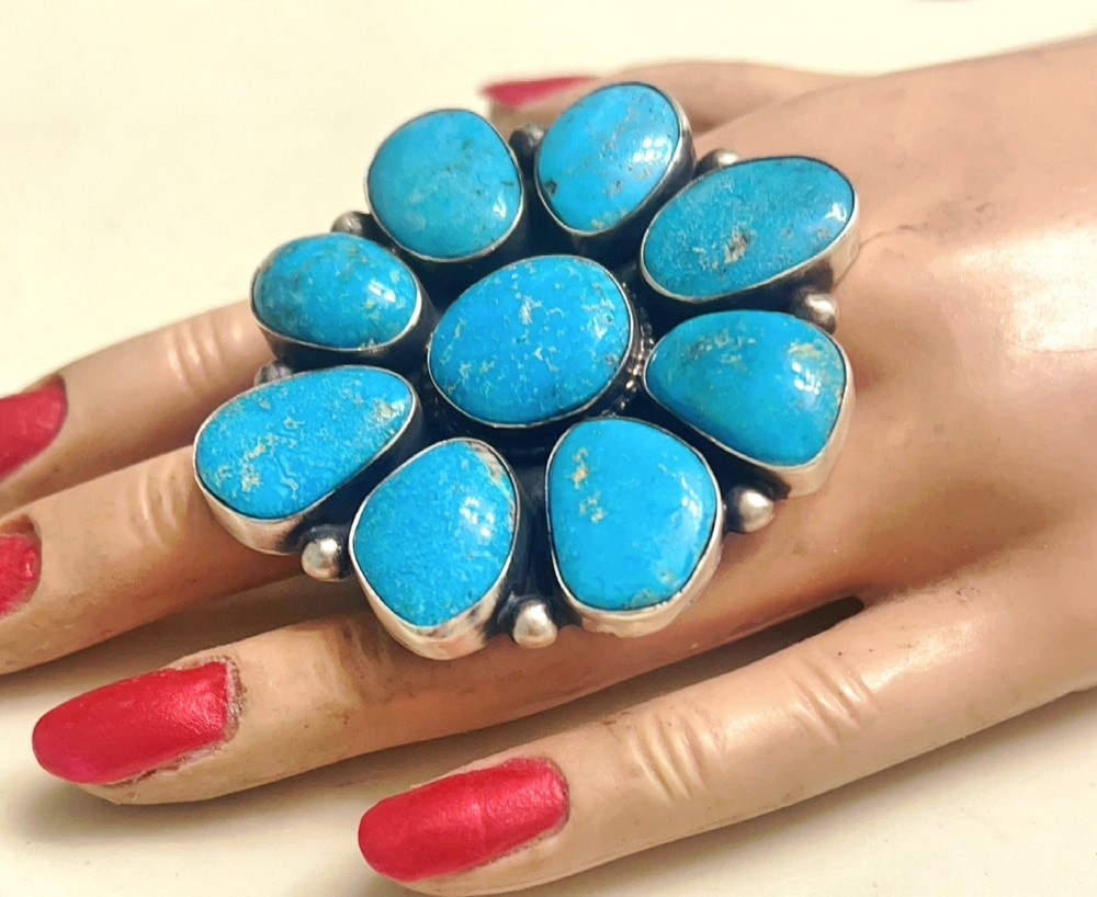 Huge Native American Turquoise Cluster Ring, Livingston