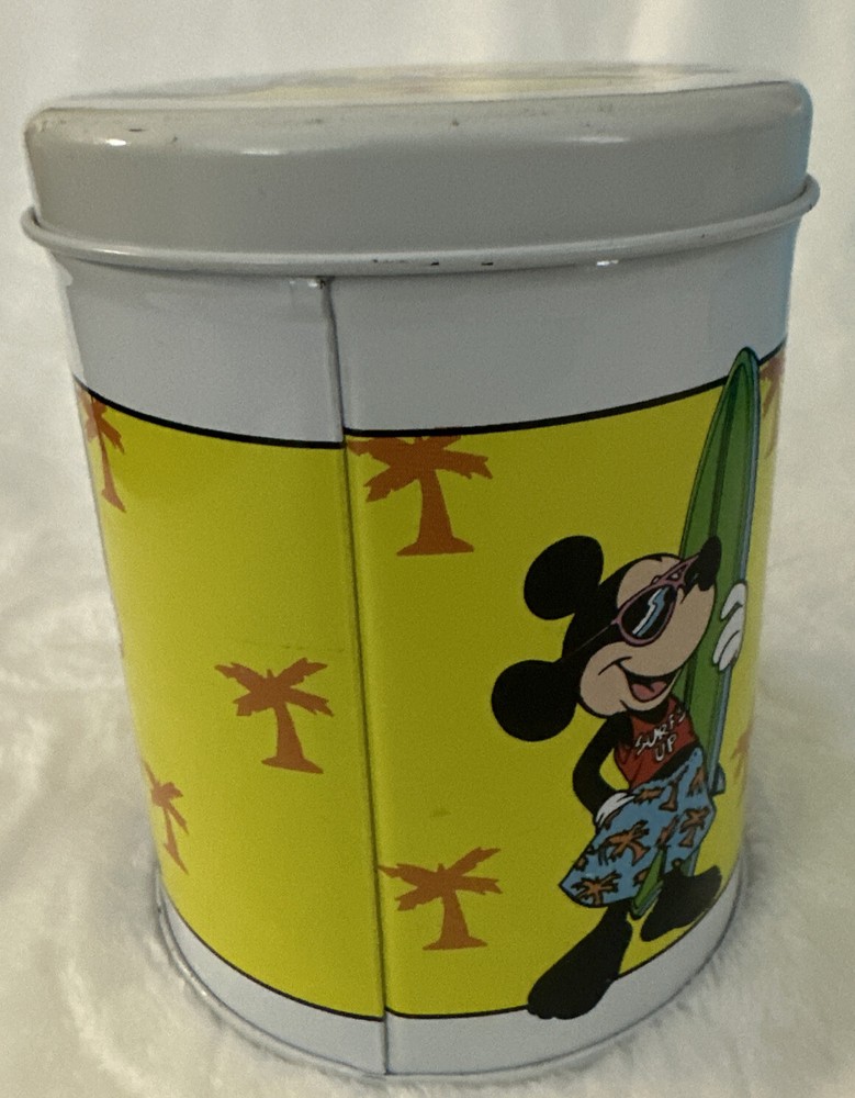 Vintage Disney Mickey Mouse Surfer Tin Container Surfboard Palm Tree Beach 4.75”