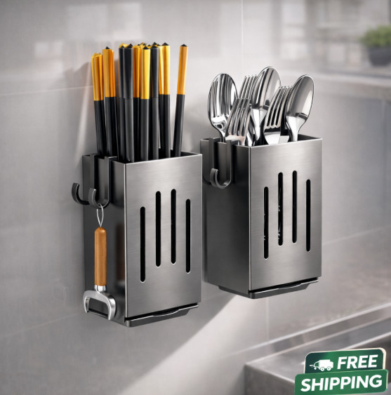 Kitchen Utensil Holder Organizer – No Drill Wall Mounted Spoon Fork Storage Rack