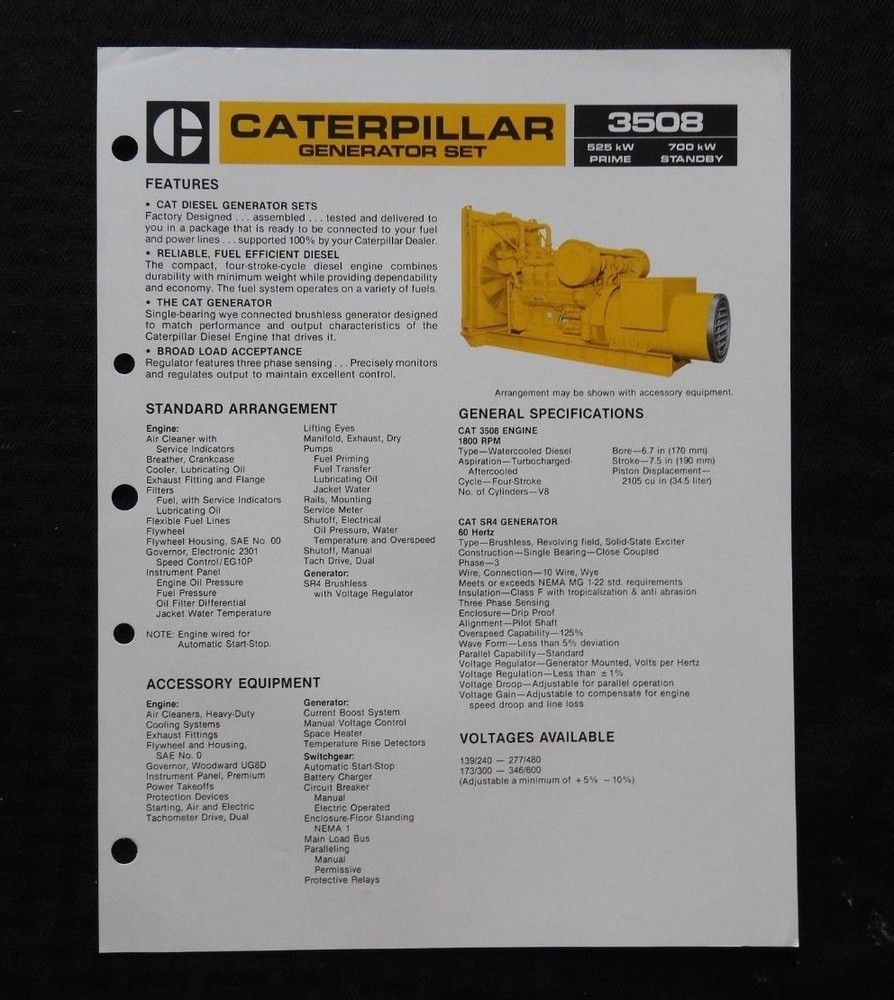 1980's CATERPILLAR "3508 DIESEL ENGINE GENERATOR SET" SPECIFICATIONS BROCHURE