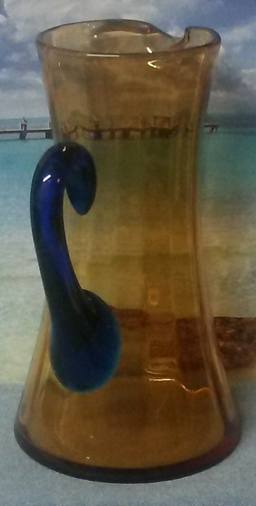 Amber Blown Glass Pitcher with Cobalt Blue Applied Handle
