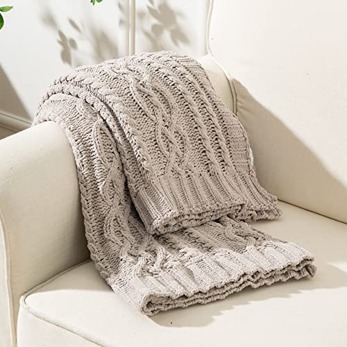 Light Grey Throw Blanket for Couch, Woven Chenille Knit Throw Blanket Cream