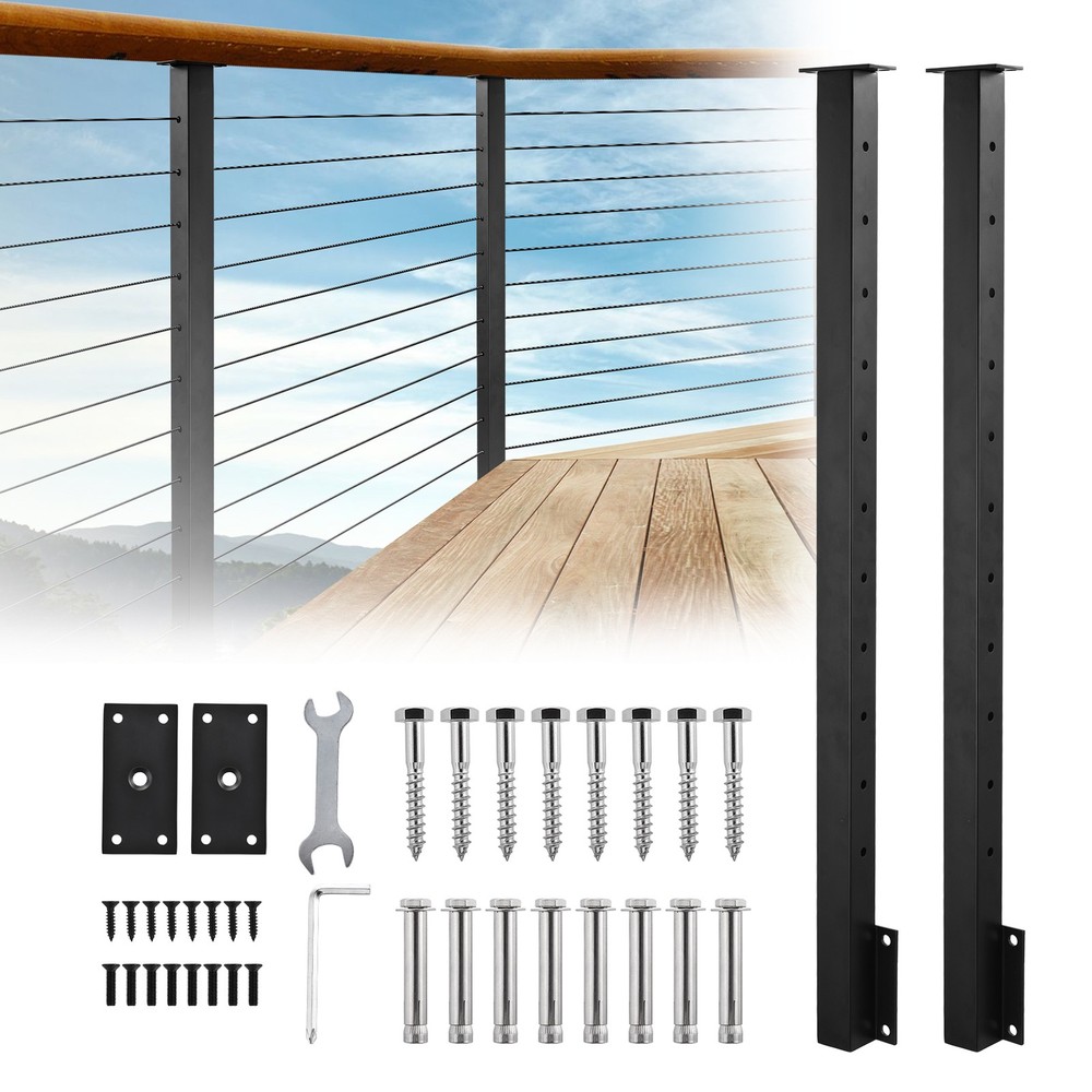 2 Pack Side Mount Stair Cable Railing Post 38"x2"x2" Level Drilled Post Black