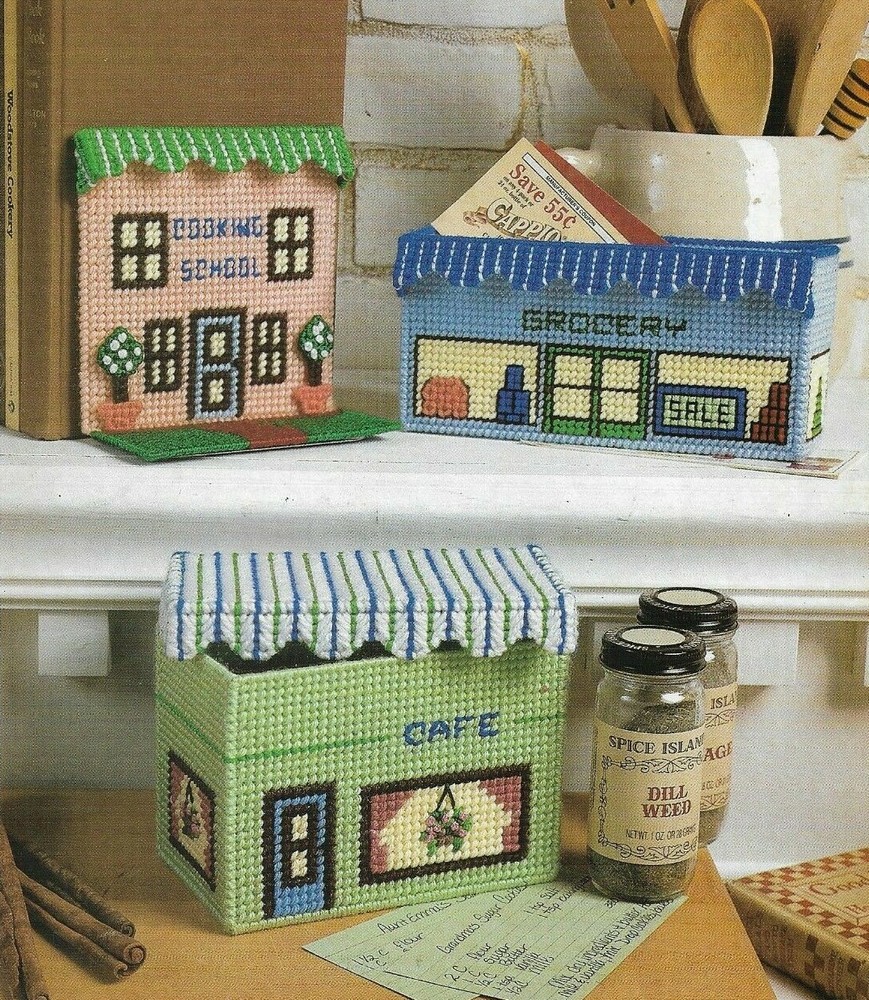 KITCHEN VILLAGE RECIPE BOX 3 DESIGNS PLASTIC CANVAS PATTERN INSTRUCTIONS