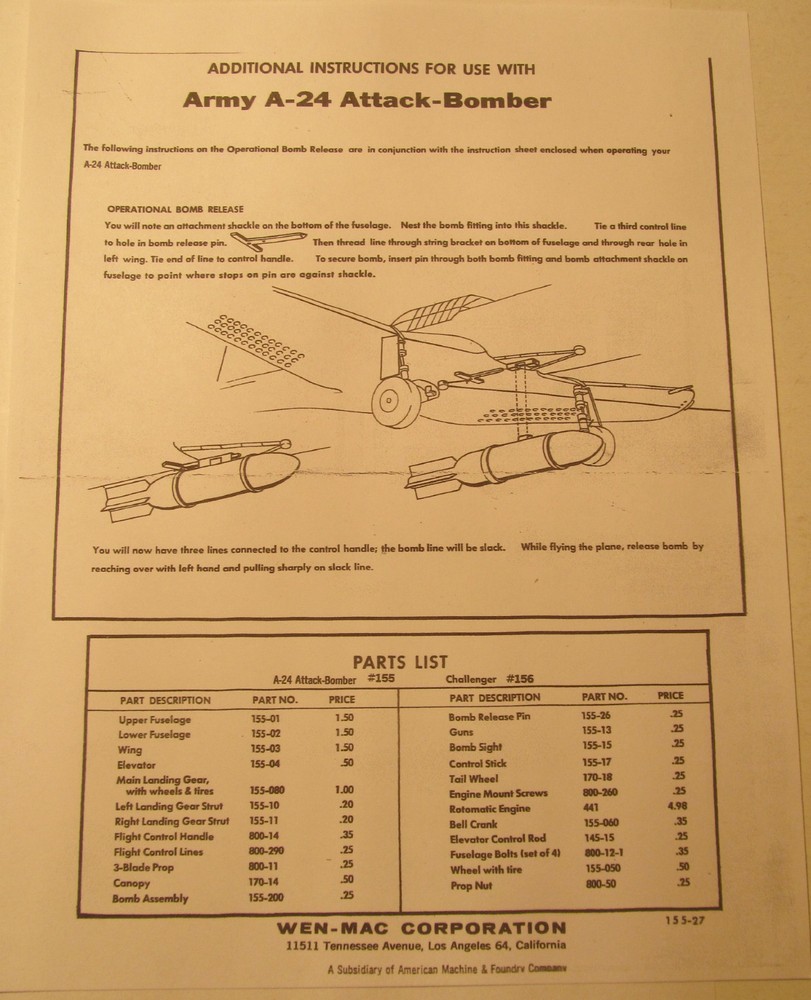Wen-Mac Additional Instruction Sheet Photocopy for Army A-24 Attack Bomber Plane