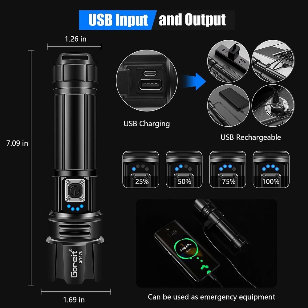 Super Bright Rechargeable Flashlight - 1640ft Range, 5 Modes, Waterproof