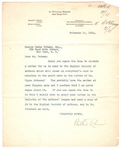 Arthur Train February 1914 Two Typed Letters (Signed)