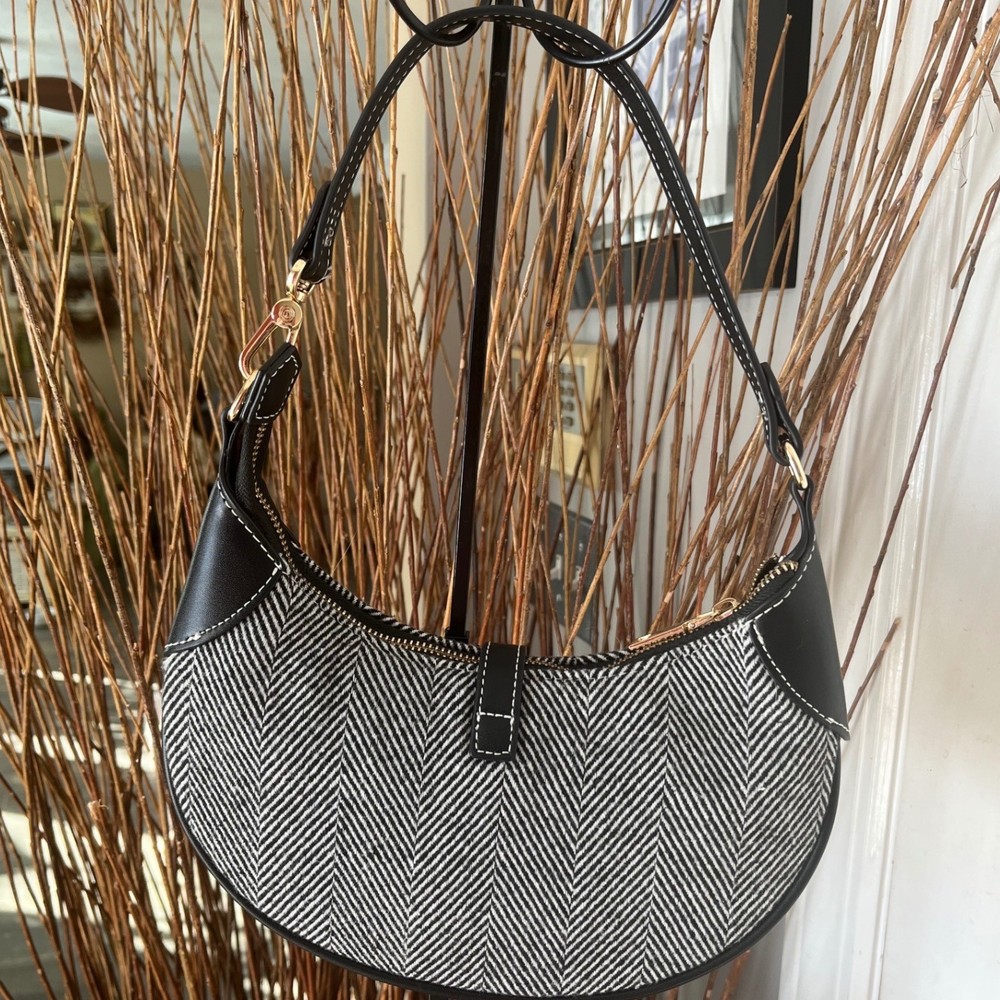 Chic Crescent Shoulder Bag Black White Herringbone Pattern Gold Accents