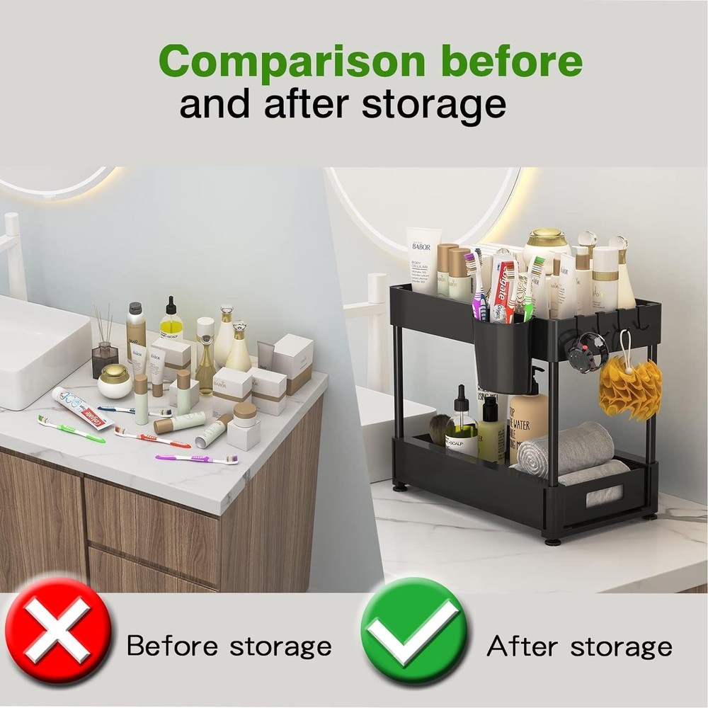 Under Sink Organizers and Storage, 2 Pack Pull Out Cabinet Organizer with Hooks