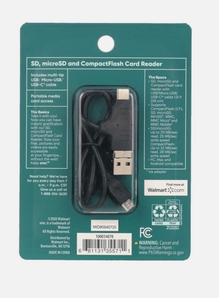 ONN SD, microSD and CompactFlash Card Reader