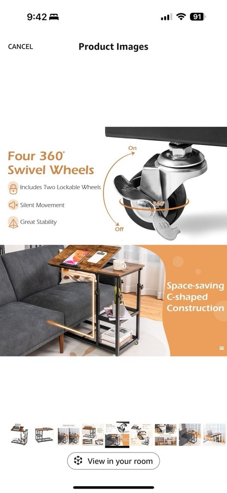 Tangkula Height Adjustable C Shaped End Table With Locking Wheels