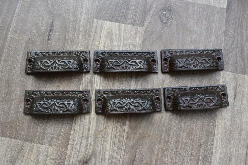 Victorian cast iron Cup cabinet drawer door knobs handles pull rustic 6 pcs