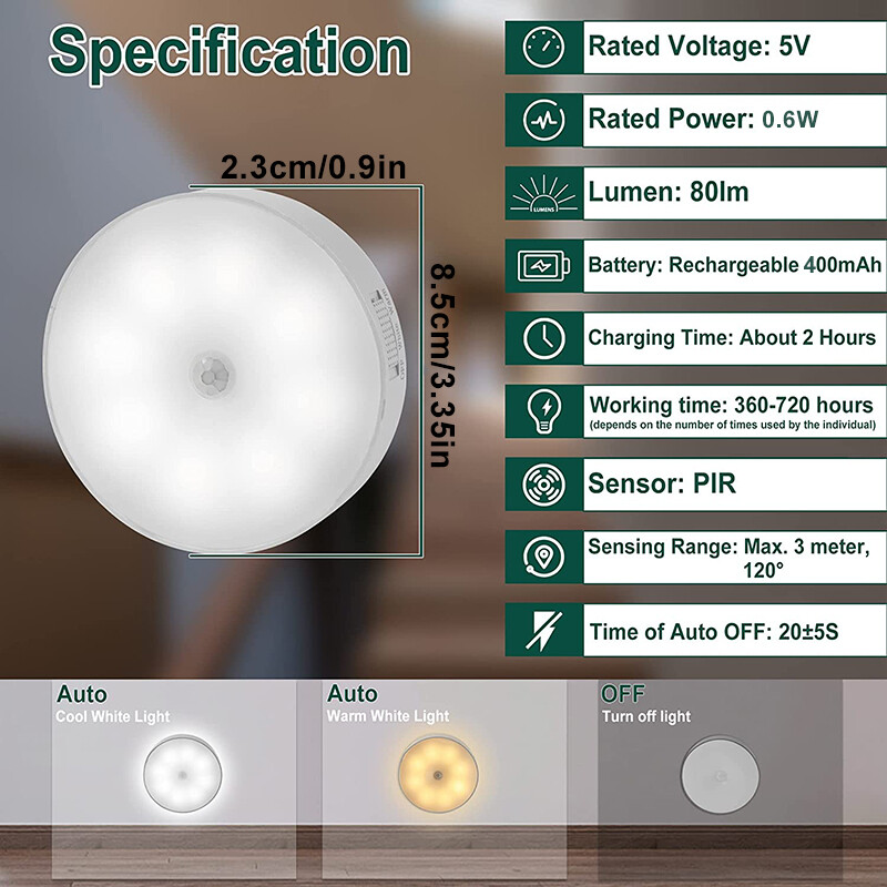 Motion Sensor LED Night Light Battery Rechargeable Indoor Closet Cabinet Wall~