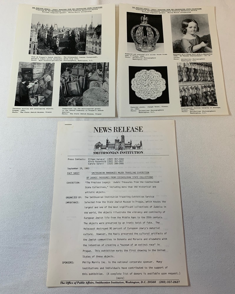 1983 Smithsonian press release ~ JUDAIC TREASURES FROM CZECHOSLOVAKIA