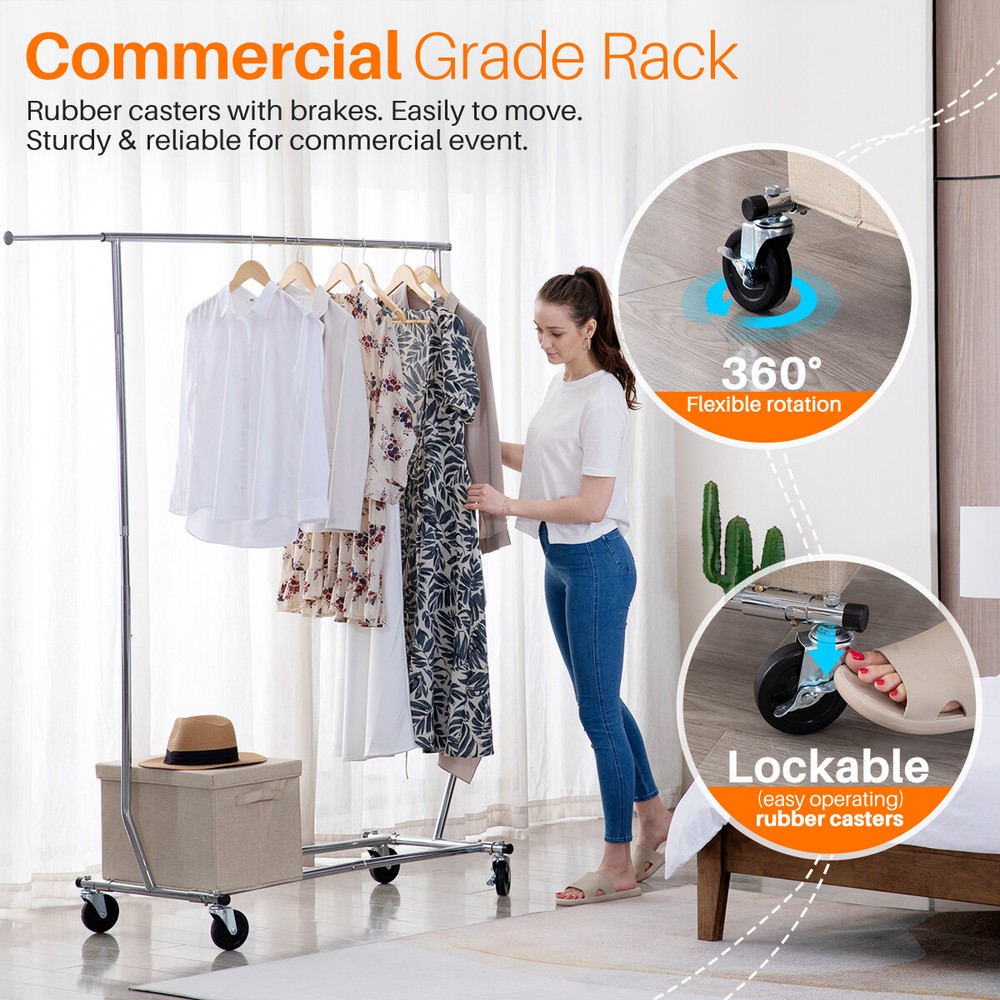 HOKEEPER 250lbs Sing Rail Adjustable Collapsible Rolling Clothes Garment Racks