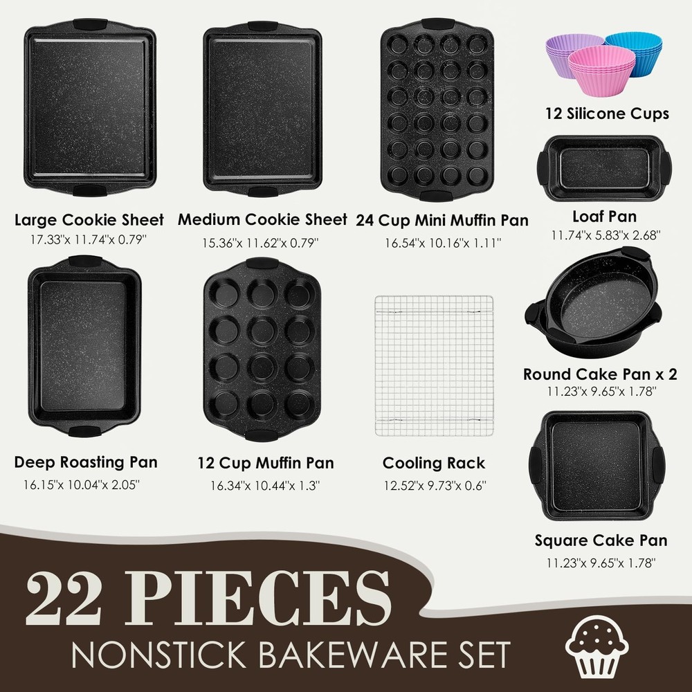 AIVIKI 22 Pieces Nonstick Baking Pans Set Stackable Bakeware with Silicone Handl