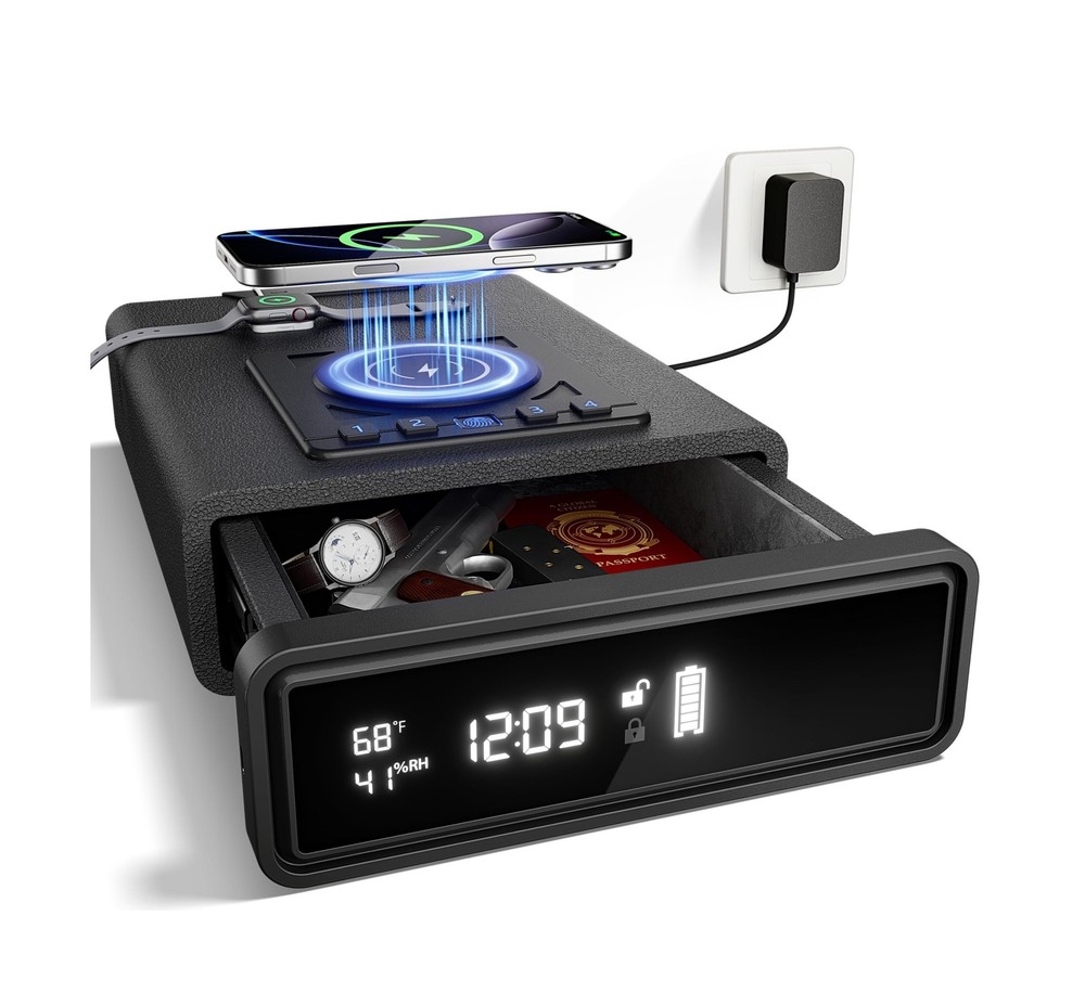 Biometric Safe with Wireless Charging, 3 Access Methods to Unlock, Nightstand...