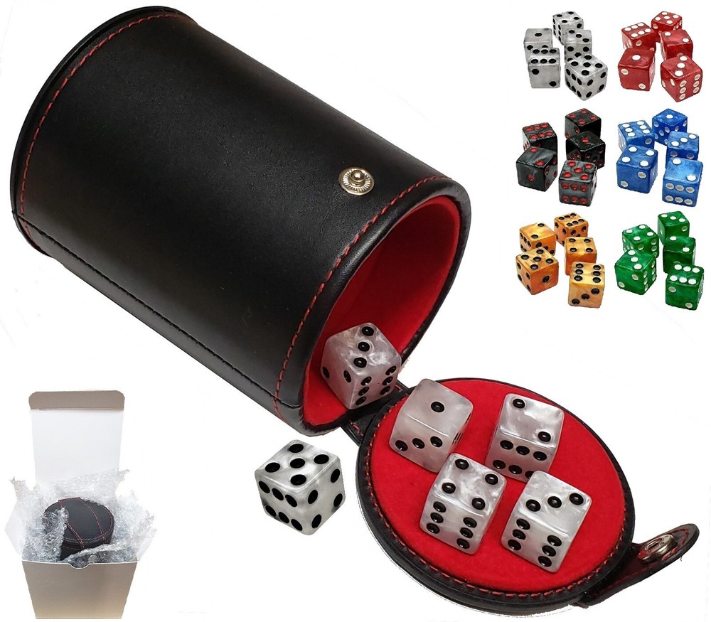 Set (6) Marbleized Dice + PU Leather Red Felt Lined Dice Cup w/Compartment Boxed