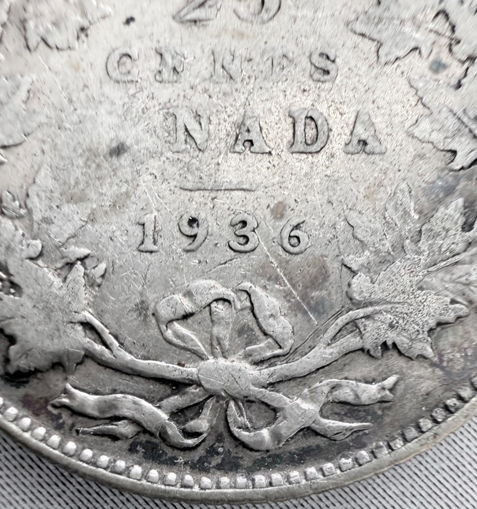 1936 Canada 25 Cents Silver Coin - Dot