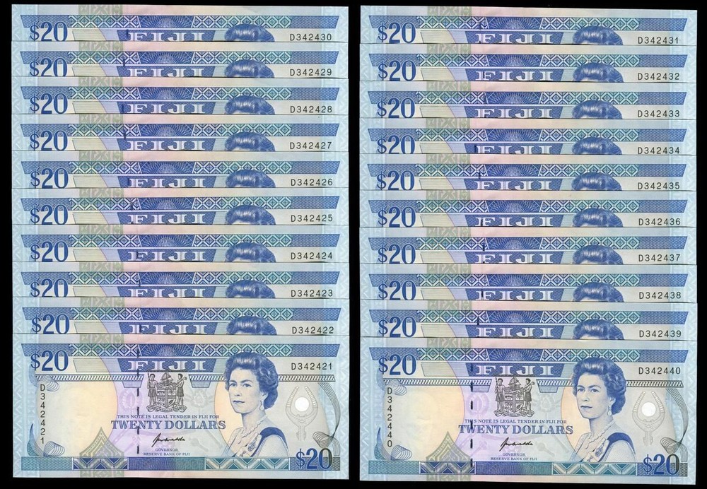 Fiji - $20 - 20 Consecutive Notes - D342421 - D342440 - P95a - aUnc