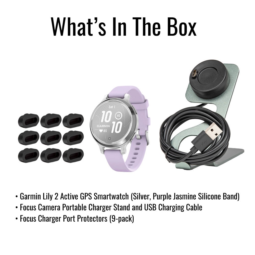 Garmin Lily 2 Active GPS Smartwatch (Silver/ Purple Jasmine) Bundle with Charge