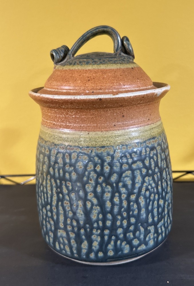 Royce Yoder Pottery Handmade Stoneware Canister – Tree Design, Green & Tan