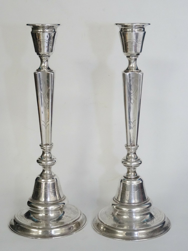 PAIR ANTIQUE 19c AUSTRIAN CHASED STERLING SILVER SABBATH CANDLESTICKS 13" * 770g